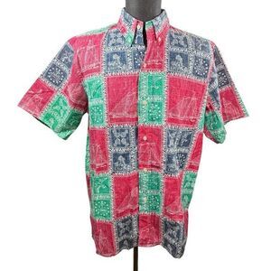 Reyn Spooner VTG 90s Reverse Patchwork Print Nautical‎ Hawaii Sailing Size L